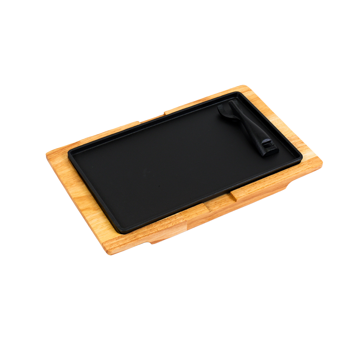 Rectangular Cast Iron Sizzler with Wooden Serving Board - 38 x 28cm
