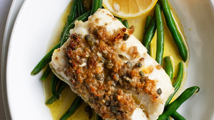 Cod with White Wine, Capers and Samphire