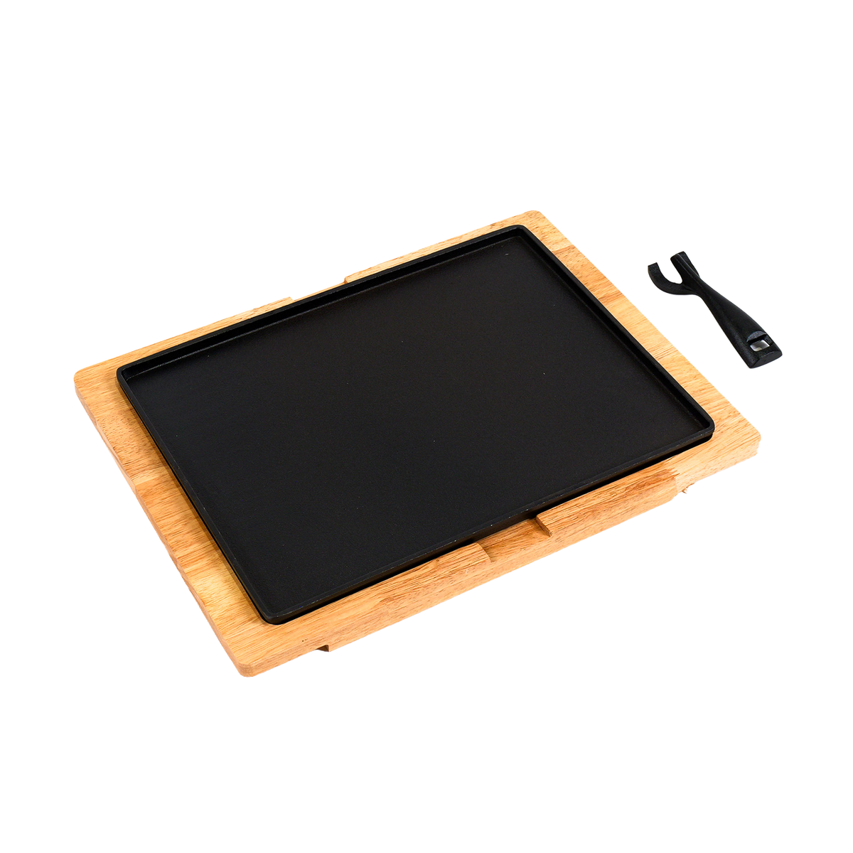 Rectangular Cast Iron Sizzler with Wooden Serving Board - 34 x 20cm